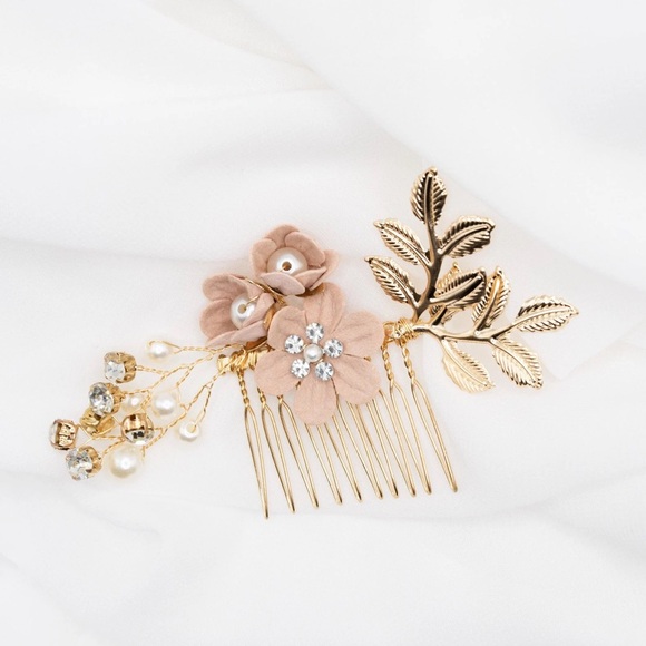 Gold & Pink Floral Hair Comb Pin, Pearl Crystal Hair Vine, Bride Bridal Wedding